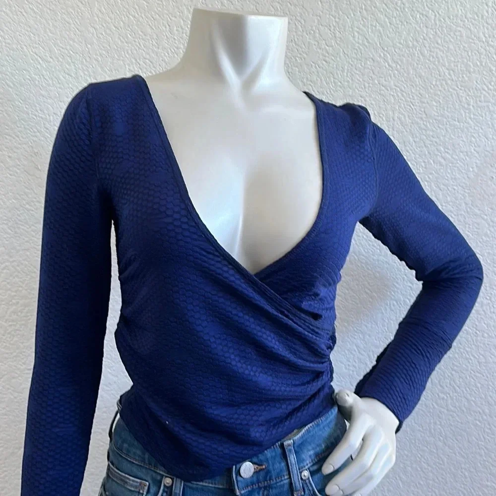 Free People Women's Ink Combo Front Wrap Long Sleeve Penny Blouse Top